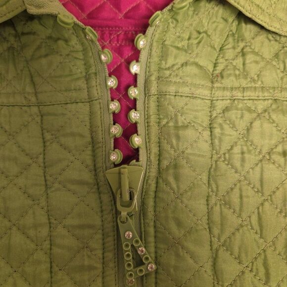 The Quacker Factory Silk Quilted Blazer Jacket Rhinestones Medium Green Pink QVC - Picture 8 of 13